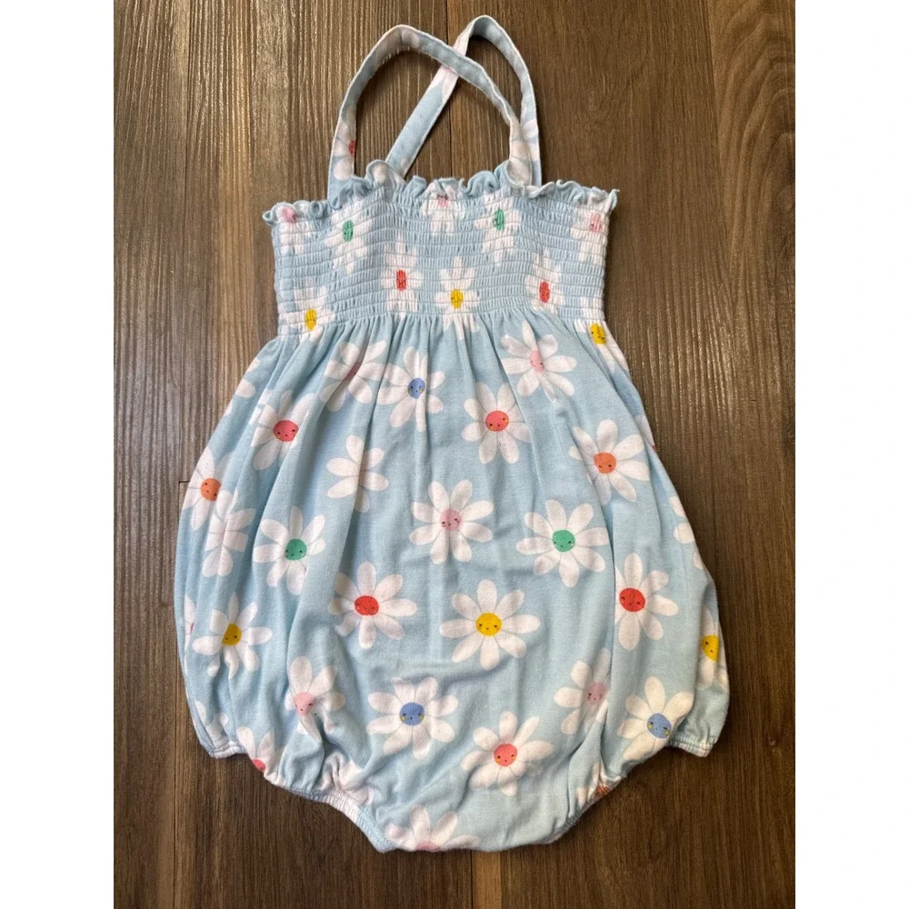 Angel Dear Daisy Faces Romper Baby 12-18M Blue Bamboo Viscose Sunsuit